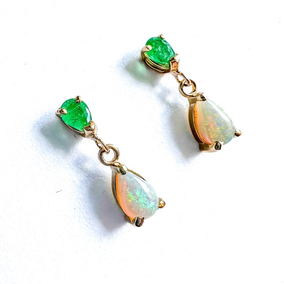 Ethiopian Opal and  Emerald Teardrop Drop Earrings in 14K Yellow Gold - Picture 1 of 6
